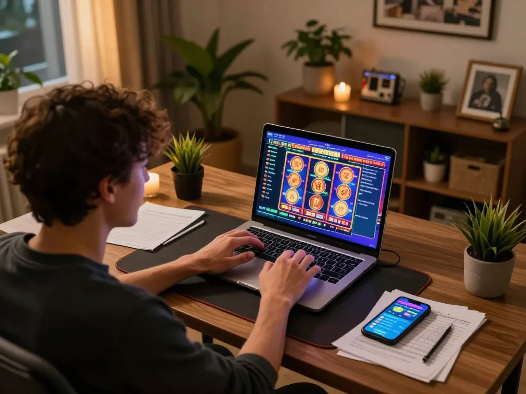 Engaged player exploring link slot gacor at their desk using a laptop and smartphone for responsible gaming.