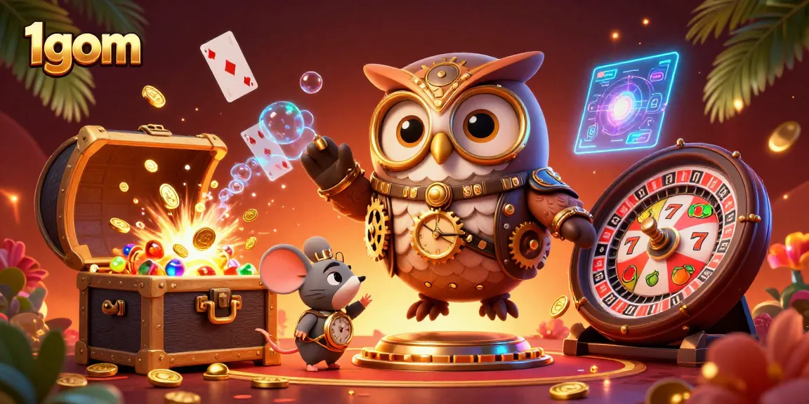 Engage with 1gom's immersive gaming universe featuring a time-traveling owl amidst vibrant casino elements.