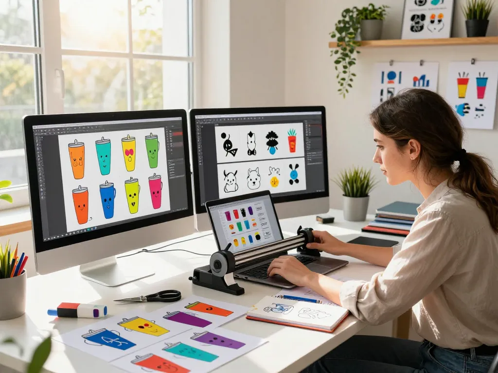 Designer creating unique Svg files in a bright workspace with colorful tumbler designs.