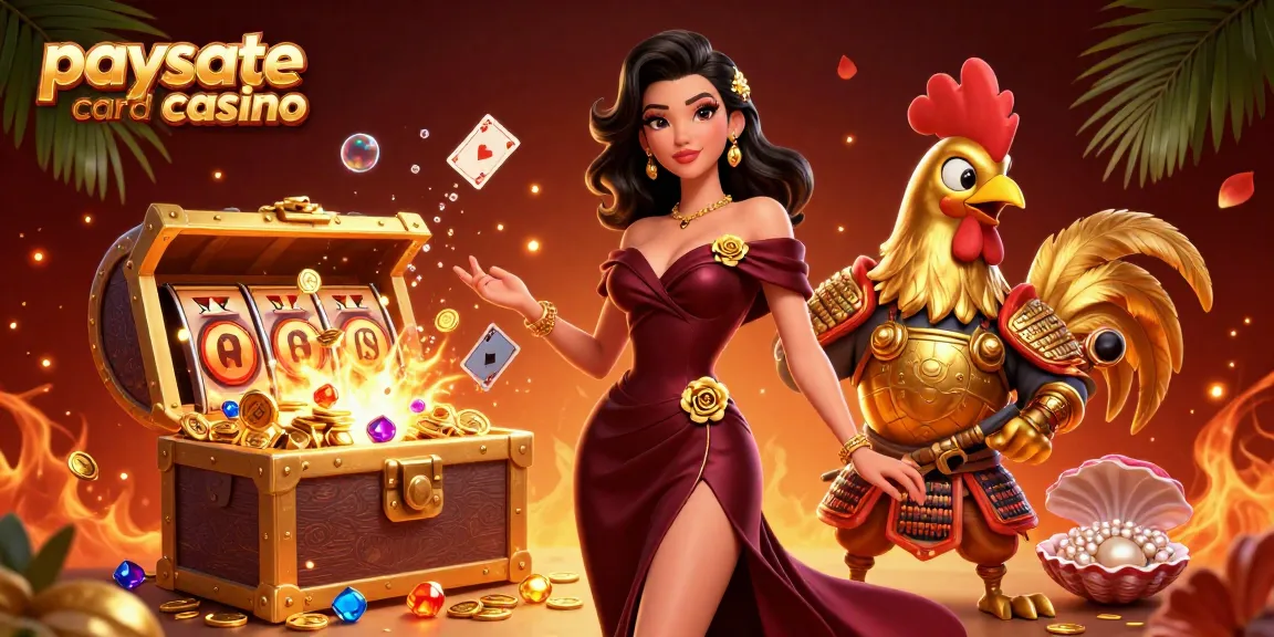 Paysafe Card Casino-Szene mit einer glamourösen Frau und einem goldenen Krieger-Hahn inmitten von Spielaufregung