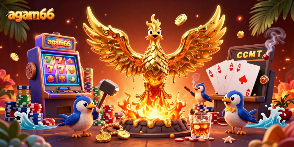Experience the thrill of winning at agam66 with a golden phoenix symbolizing jackpots amid vibrant casino elements.