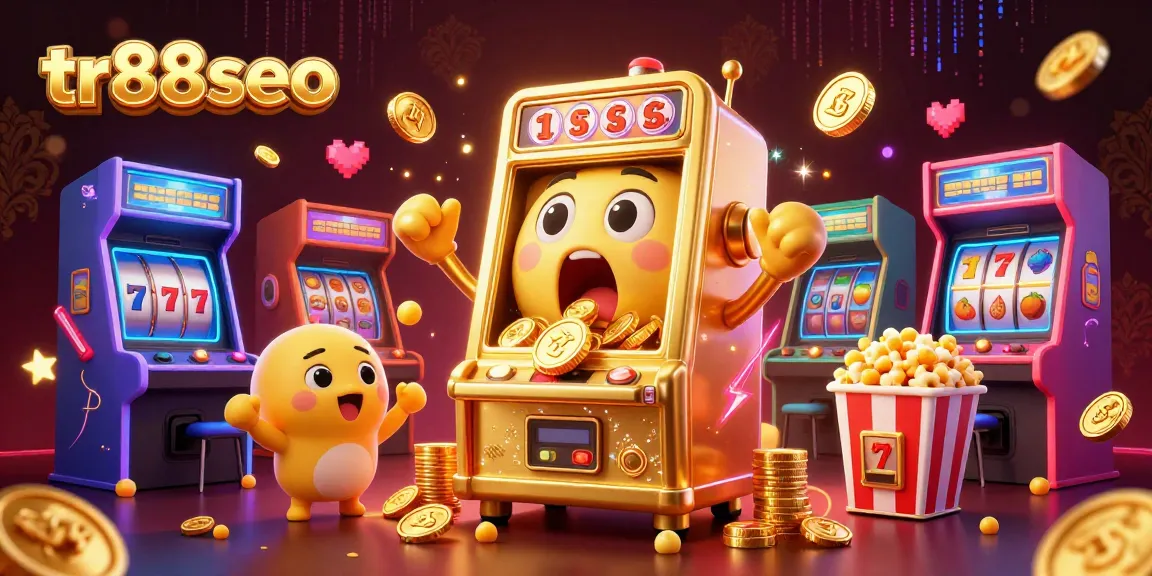 Experience the excitement of tr88seo with a 3D slot machine hitting a jackpot amidst vibrant arcade elements.