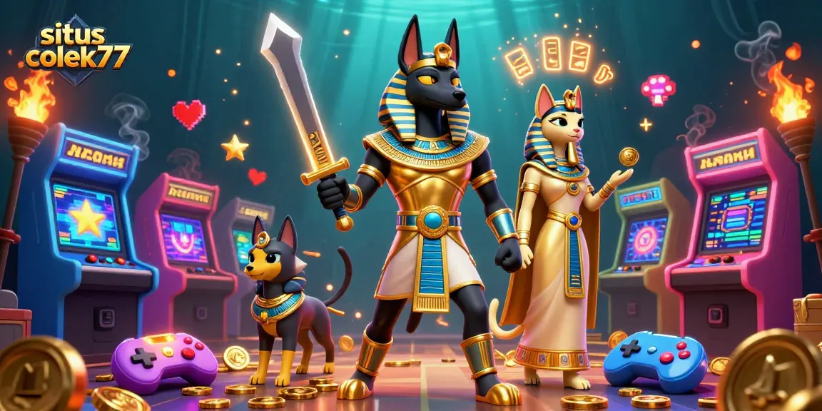 Witness exciting action at situs colek77 with Anubis and Bastet in a vibrant casino digital scene.
