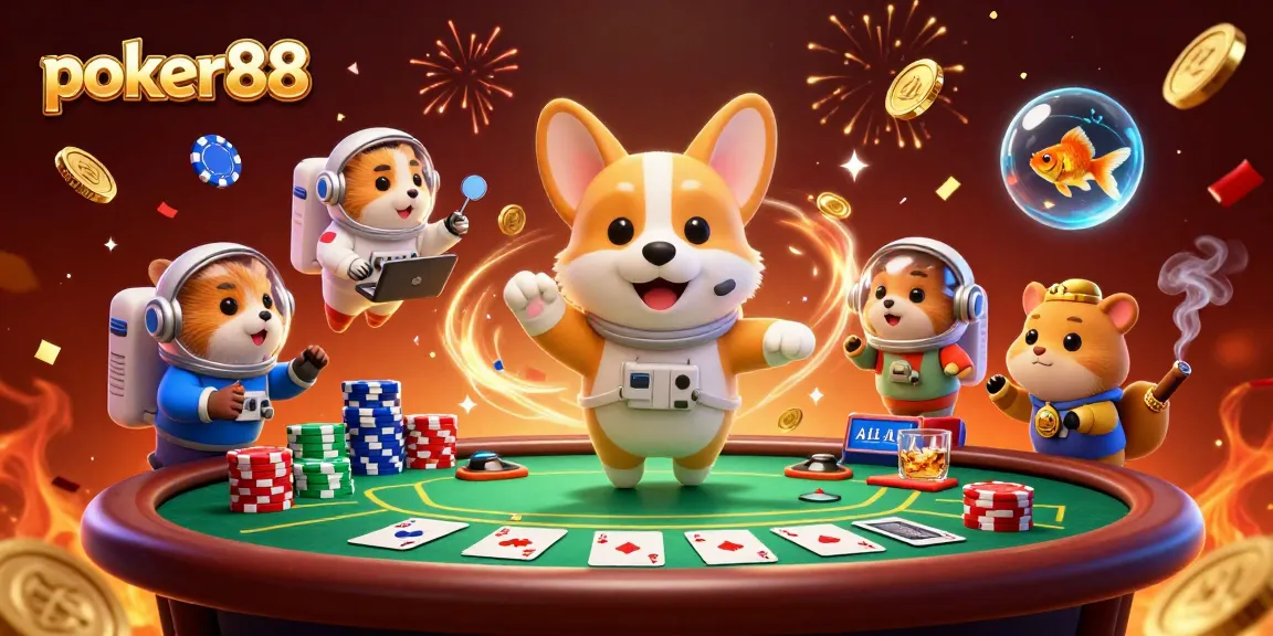 Menggertak kartu di poker88 dengan karakter corgi dan hamster di kasino luar angkasa.