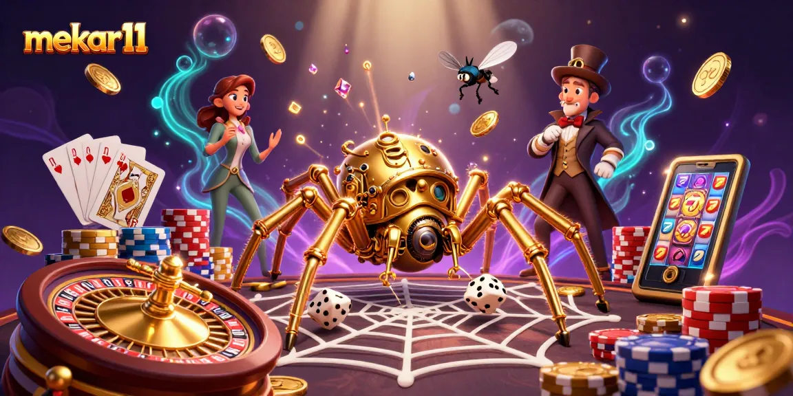 Mekar11 offers thrilling excitement with golden spiders and poker chips in a dynamic casino scene.