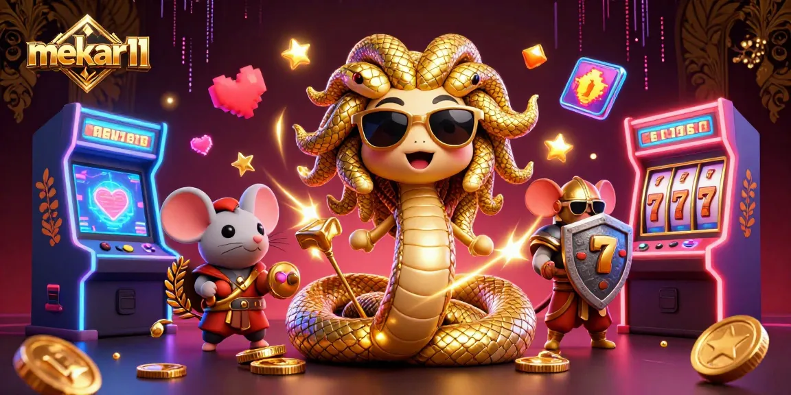 Play vibrant slot games with mekar11 featuring friendly Medusa and a warrior mouse.