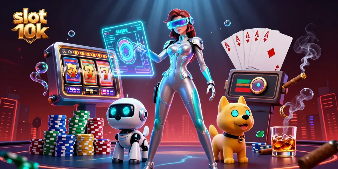 Experience the excitement of slot 10k with a dynamic scene featuring a futuristic gamer and casino elements.