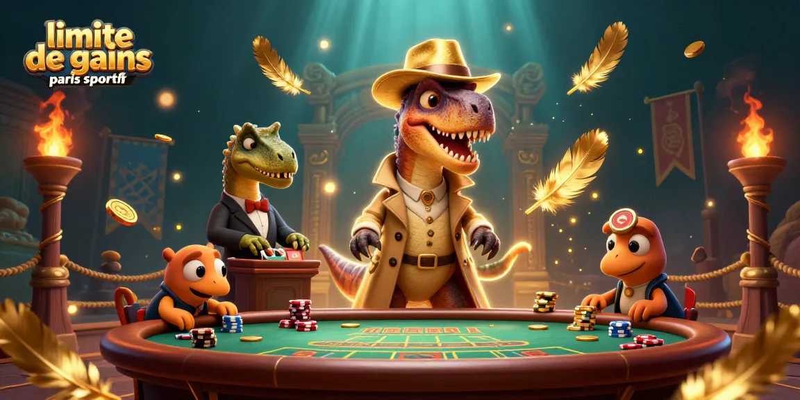 Limite de gains paris sportifs mettant en scène un velociraptor maître de jeu et un pit boss stégosaure dans un casino animé
