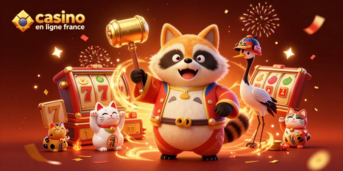 Illustration dynamique de casino en ligne France avec un tanuki, un héron et des maneki-neko, entourés de machines à sous.