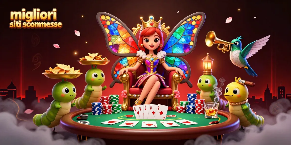Scopri i migliori siti scommesse con un'illustrazione vivace di una regina farfalla e un tavolo da poker.