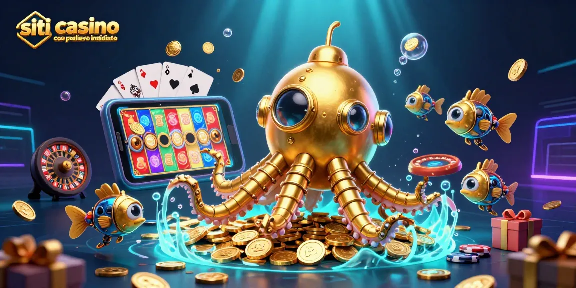Gioca nei siti casino con prelievo immediato e scopri una scena avventurosa con un kraken d'oro tra gettoni e slot machine.