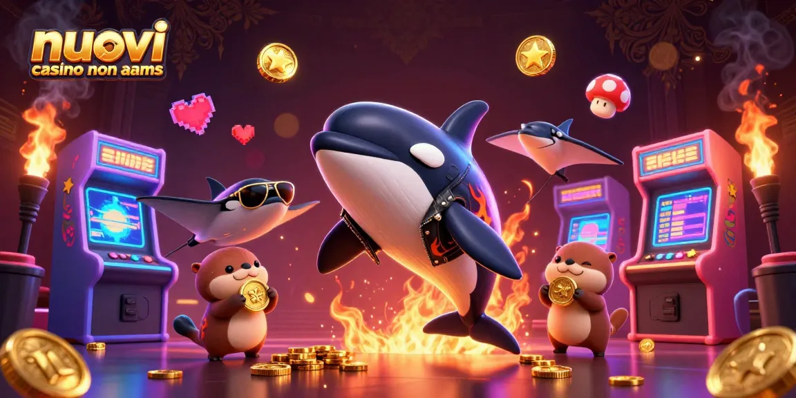 Scopri nuovi casino non AAMS mentre un'orca e una razza applaudono giochi vivaci e vincite scintillanti.