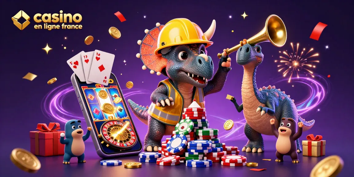 Casino en ligne France : triceratops et parasaurolophus célébrant autour de jeux de casino.