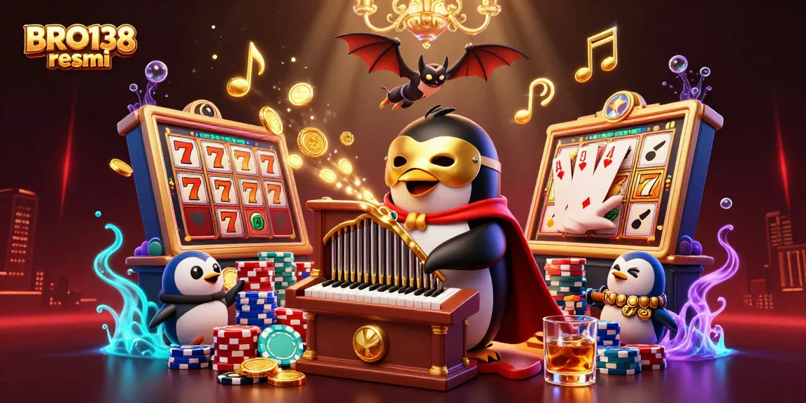 Engage with BRO138 resmi as a vibrant 3D casino adventure showcases slot reels and golden coins.