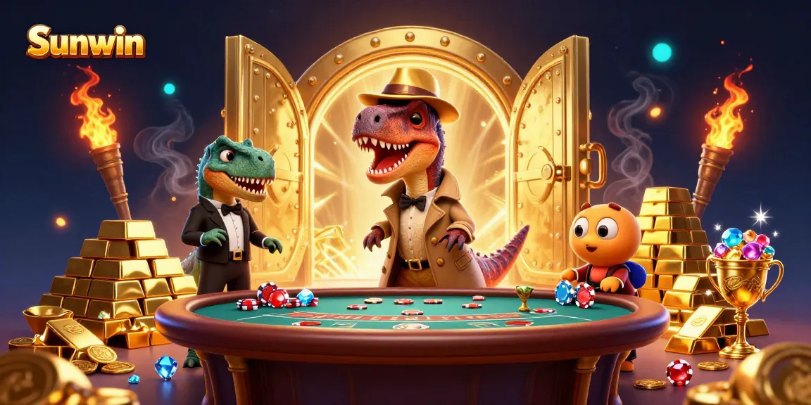 Sunwin velociraptor card counter evades detection while gaming amidst treasures in a vibrant casino scene.