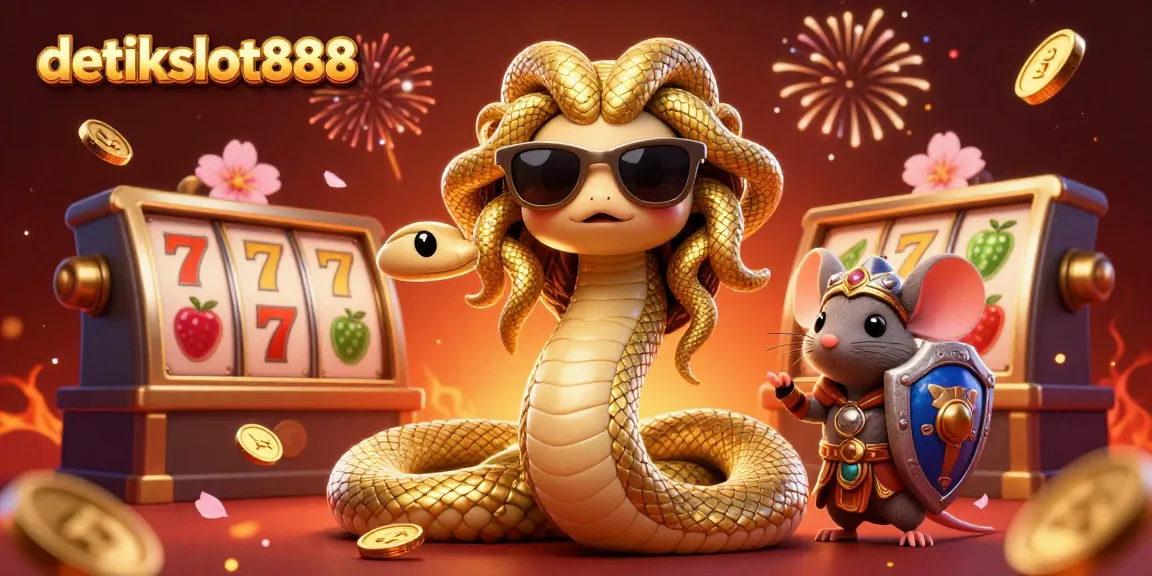 Rasakan sensasi permainan menang di detikslot888 dengan ilustrasi slot dinamis dan Medusa yang imut.