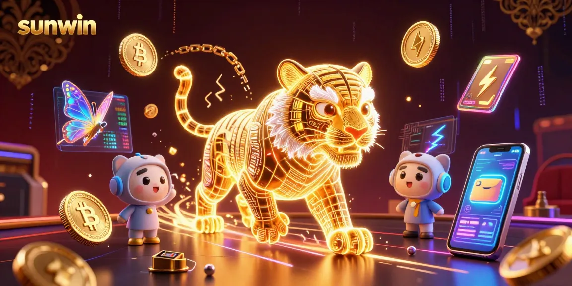 Experience the thrill of Sunwin with vibrant 3D casino action and glowing crypto elements.