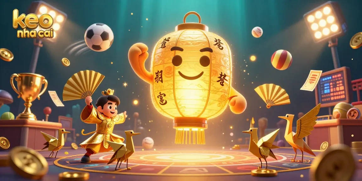 Bet on keo nha cai with golden lantern spirit and dynamic sports elements illuminating a vibrant casino scene.