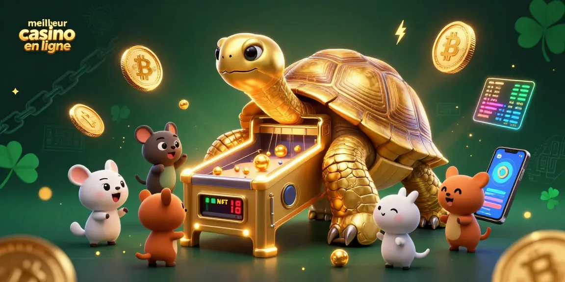 Jouez sur le meilleur casino en ligne avec une tortue géante à thème de flipper illuminé attirant les petits animaux.