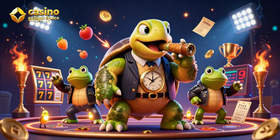 Illustration vivante de jeux de casino avec une tortue, flanquée de grenouilles et des éléments de casino en ligne France.