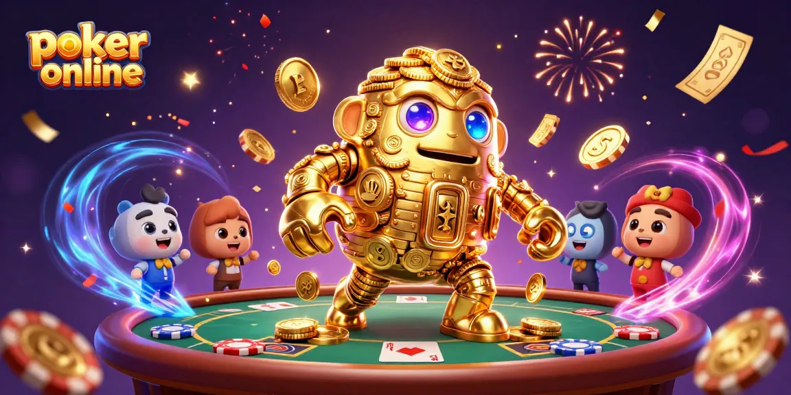 Découvrez le poker en ligne dans cette illustration vibrante, où un golem doré et des jetons se déplacent dynamiquement.