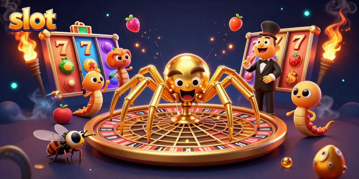Spin slot machines while a golden spider weaves a roulette web in this vibrant casino scene.