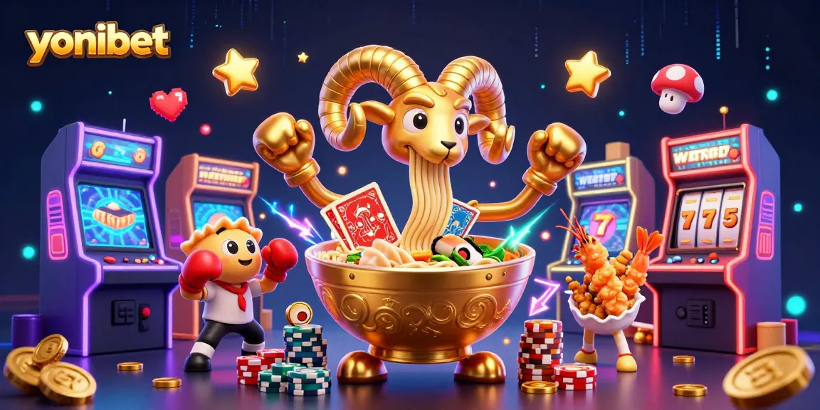 Experience thrilling casino action with yonibet featuring a golden ramen bowl dealing cards and games.