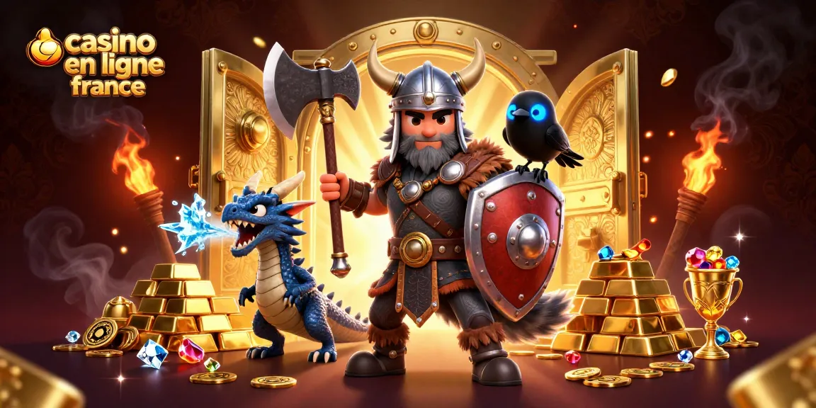 Jeu captivant et vibrant de casino en ligne France avec un guerrier viking, un dragon et des trésors étincelants.