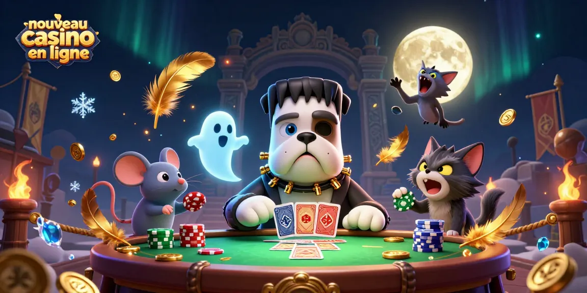 Découvrez un nouveau casino en ligne avec un bulldog Frankenstein et un chat-garou jouant aux cartes.