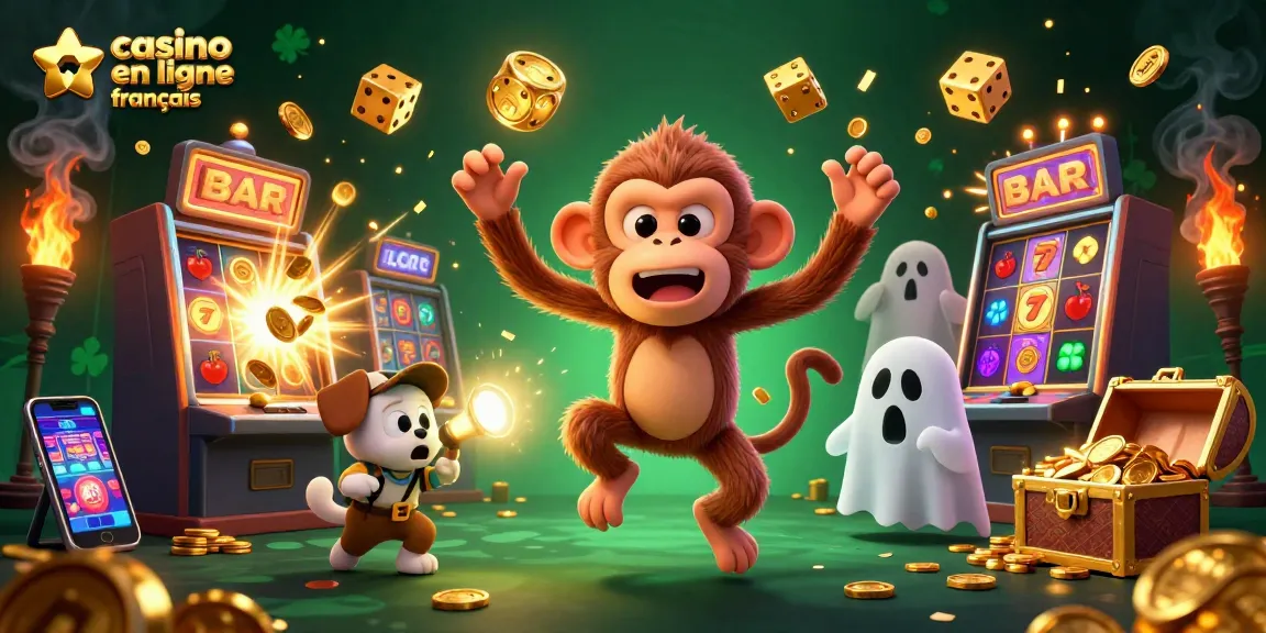 Illustration captivante d'un casino en ligne français avec un singe poltergeist et un chien chasseur de fantômes.