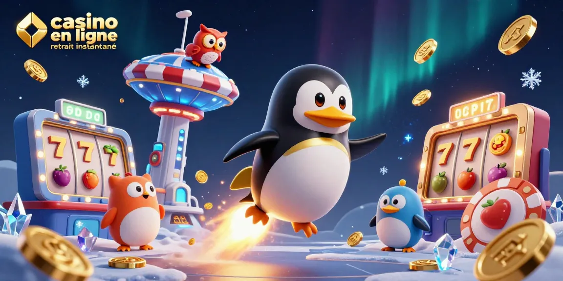 Casino en ligne retrait instantané : l'illustration dynamique d'un pingouin doré dans un univers de jeux de casino.