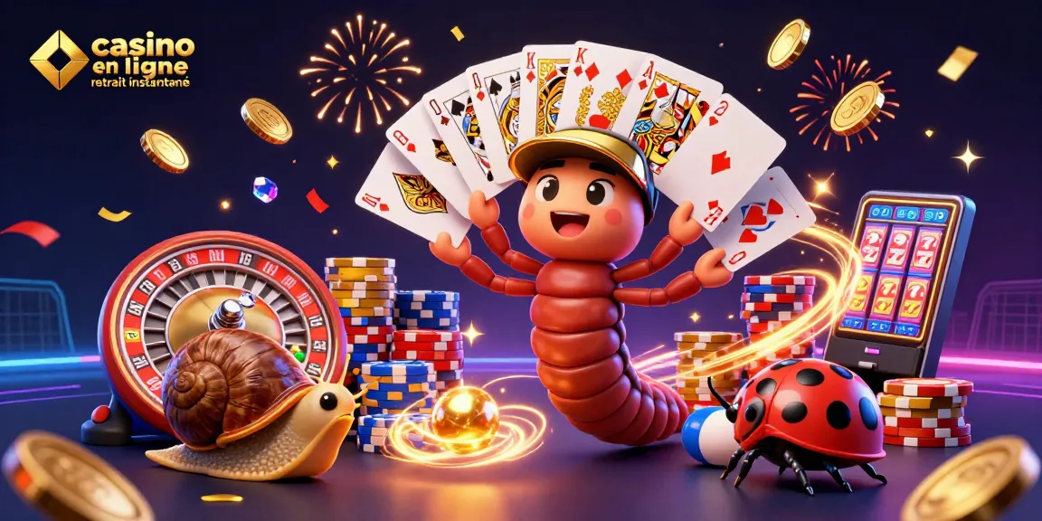 Visualisez le casino en ligne retrait instantané avec des personnages animés et des éléments de jeu lumineux.
