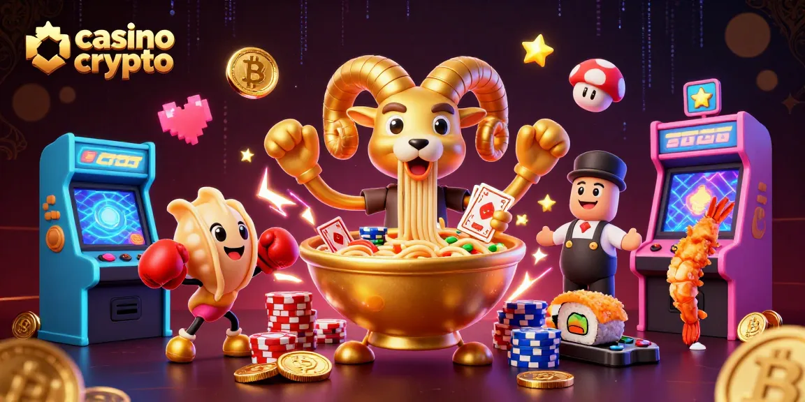 Des personnages de casino crypto animés aux côtés d'une illustration de ramen géant, représentant le jeu et l'excitation.