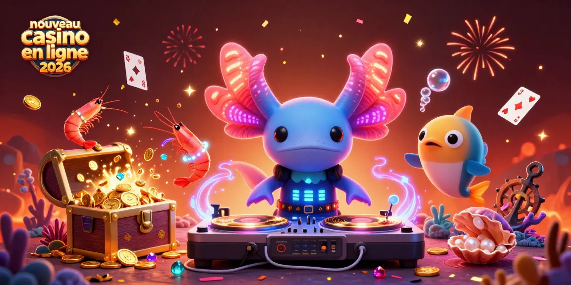 Un nouveau casino en ligne 2026 animé par un DJ axolotl et des crevettes dansant, entouré de trésors.