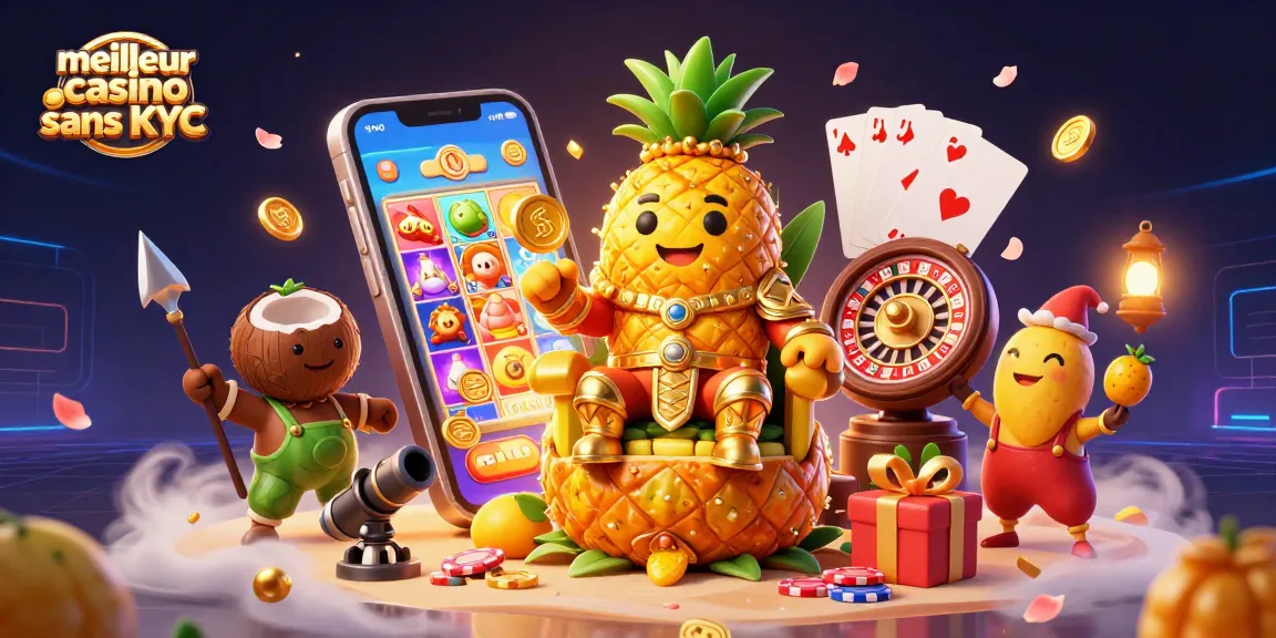Profitez du meilleur casino sans KYC avec le roi ananas et des éléments de jeu colorés en arrière-plan.