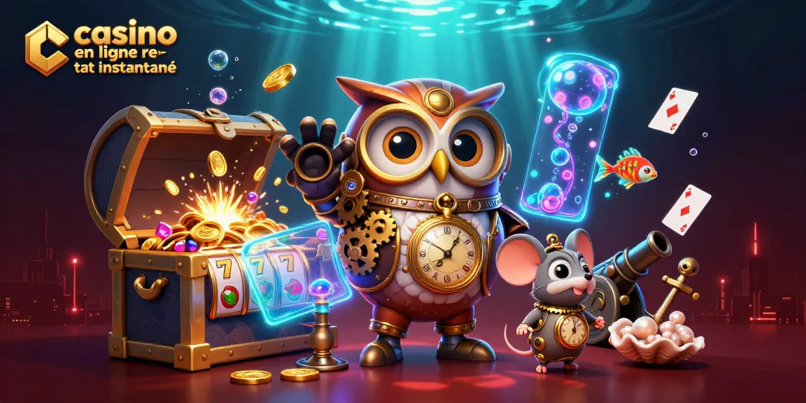 Illustration d'un casino en ligne retrait instantané avec un hibou voyageur et une souris mécanique.