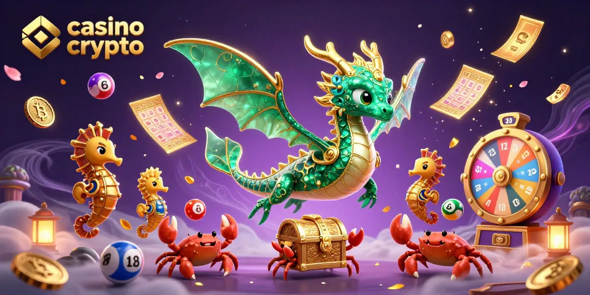 Illustration dynamique de casino crypto présentant un dragon marin majestueux et des pièces flottantes.