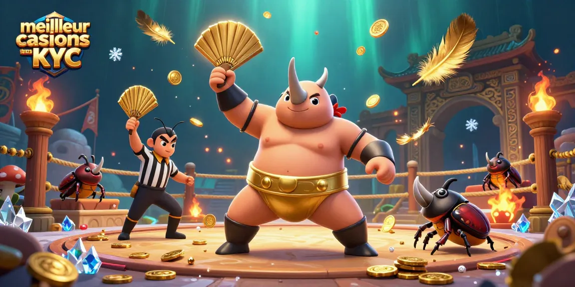 Gagnez au meilleur casino sans KYC avec cette scène dynamique illustrant un combat de sumo unique.