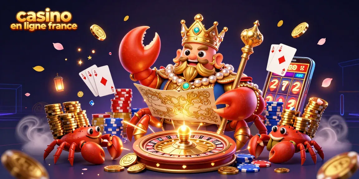 Illustration de casino en ligne France avec un crabe empereur doré entouré de pièces et de jetons.