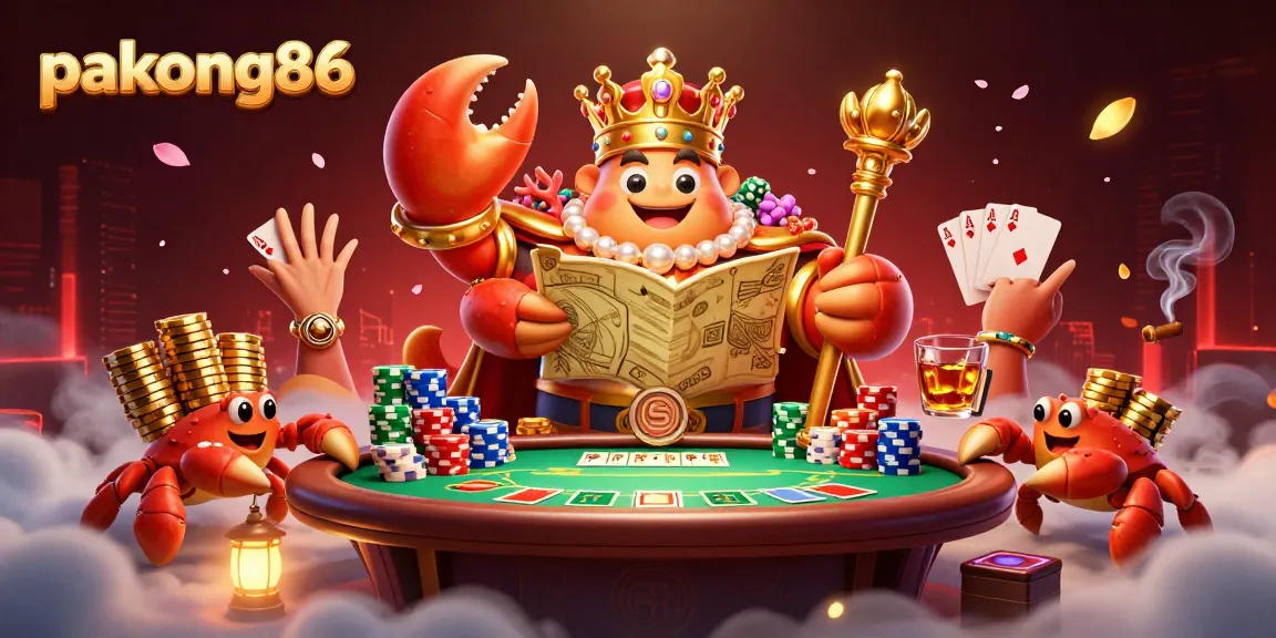 pakong86 dazzling players with a golden crab emperor amidst vibrant poker chips and cards.