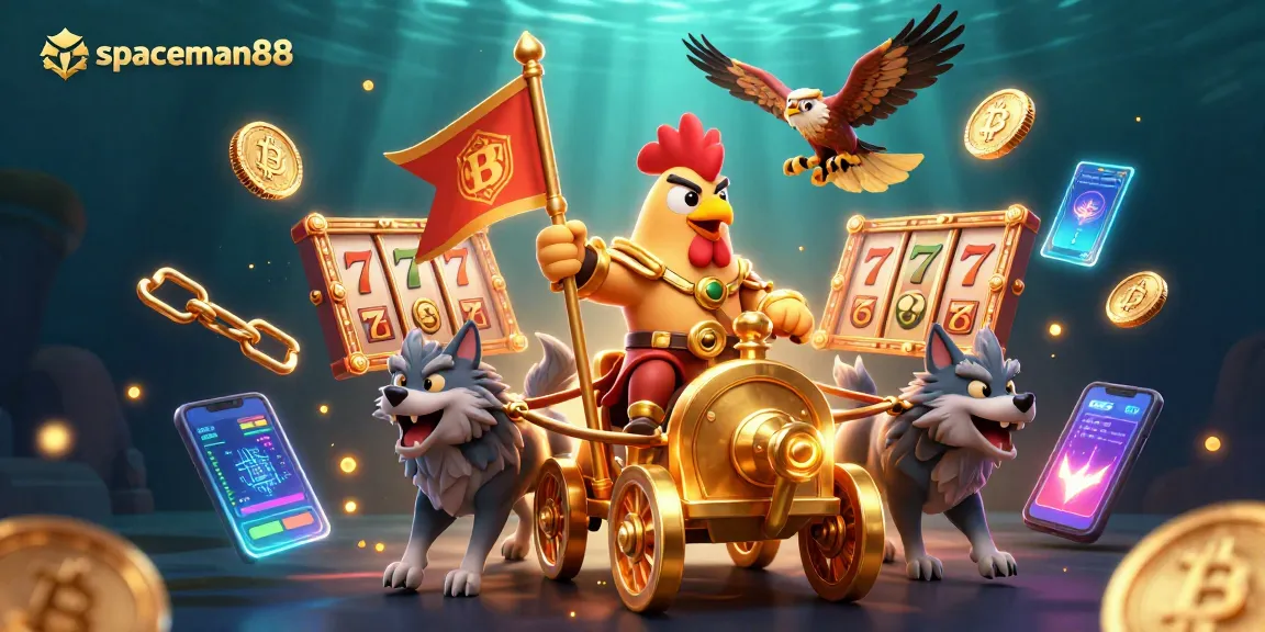 Spin and win with spaceman88, featuring exciting slot reels and vibrant cryptocurrencies in a dynamic casino scene.