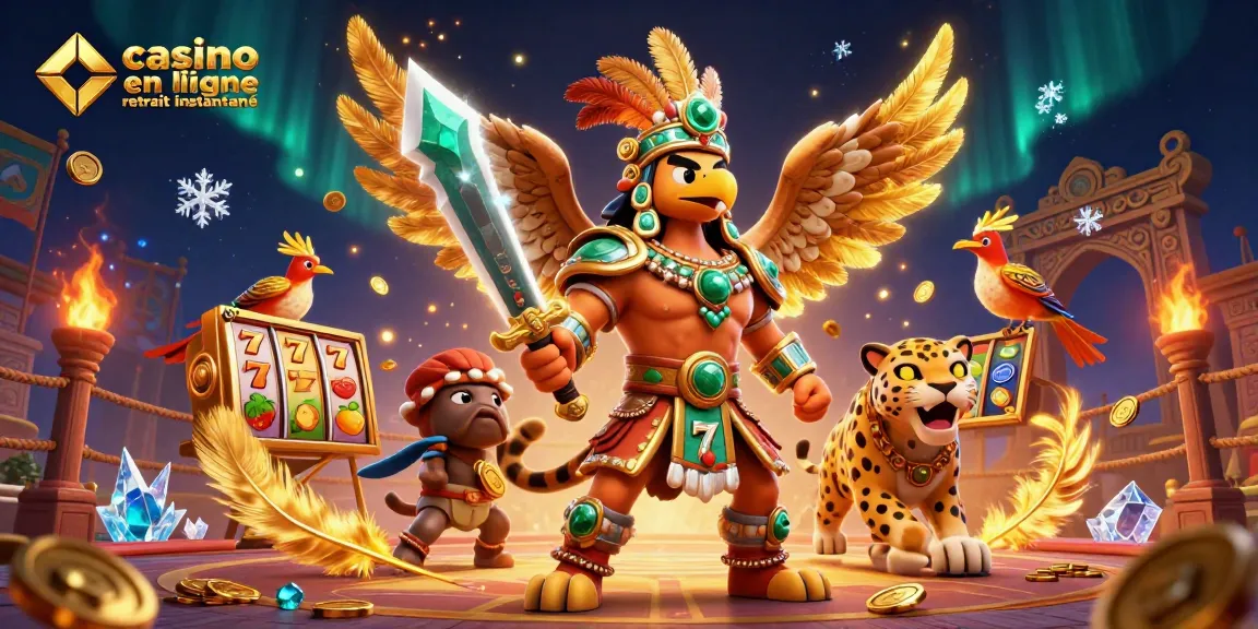 Casino en ligne retrait instantané : illustrant un guerrier aztèque en action avec des éléments de jeu captivants.