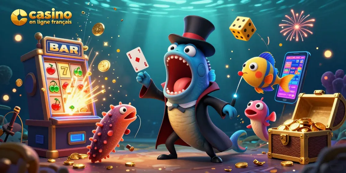 Une illustration dynamique de casino en ligne français avec des créatures marines et des machines à sous.