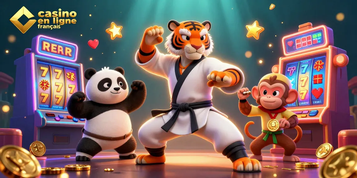 Illustration représentant un tigre de kung-fu et un panda dans l'univers des jeux de casino en ligne français, dynamique et coloré.