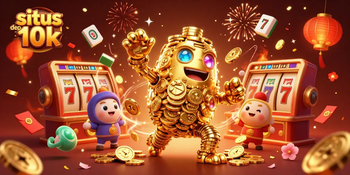 Win big with situs depo 10k, featuring a golden golem surrounded by slot reels and festive elements.