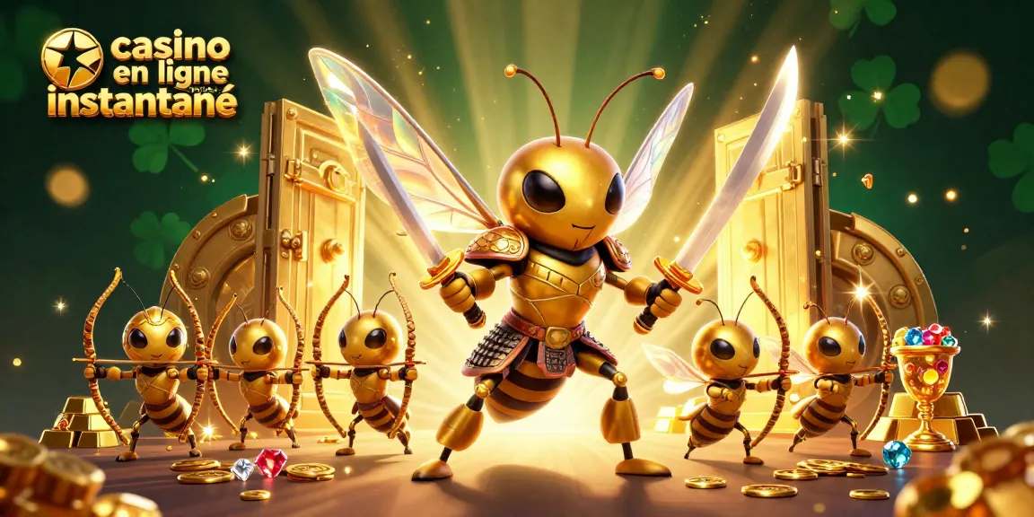 Découvrez le casino en ligne retrait instantané avec un hornet géant, armé de katanas, entouré de trésors brillants.