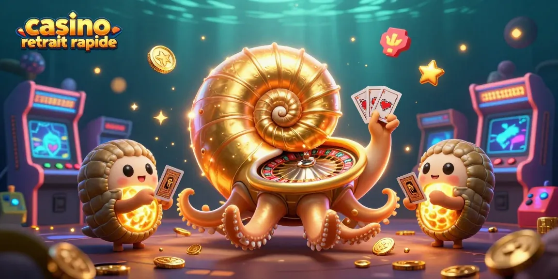 Illustration dynamique de casino retrait rapide avec un nautilus géant et des éléments dorés autour.