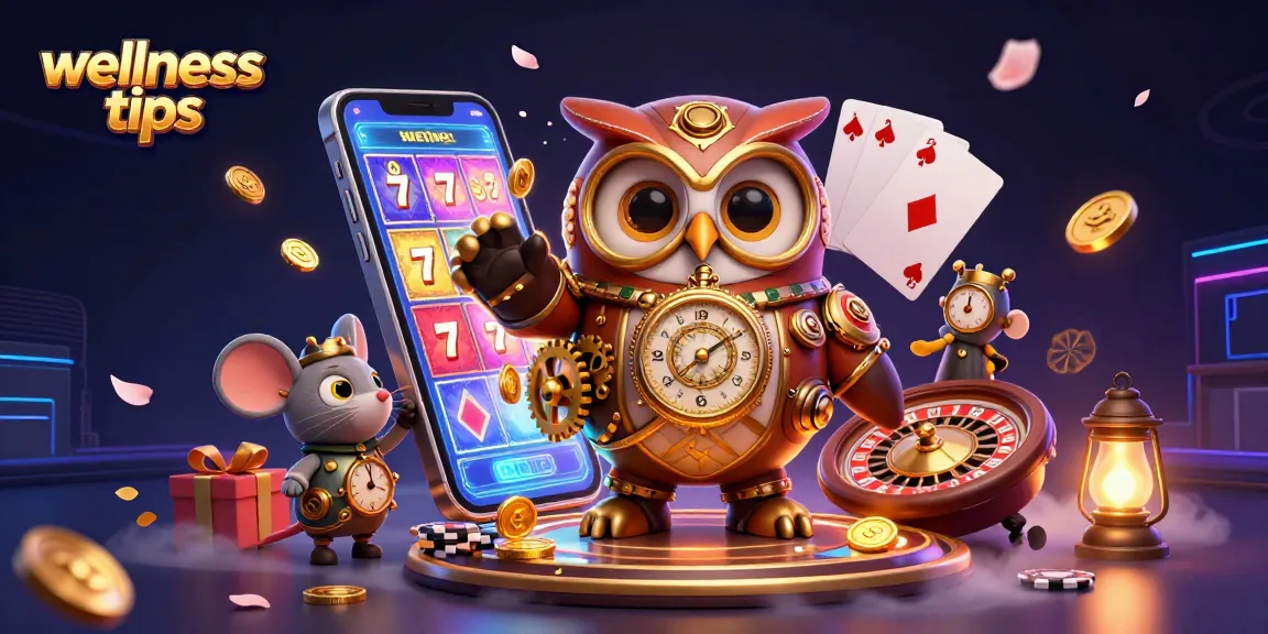 Place bets for wellness tips in this vibrant casino-themed illustration featuring a time-traveling owl.