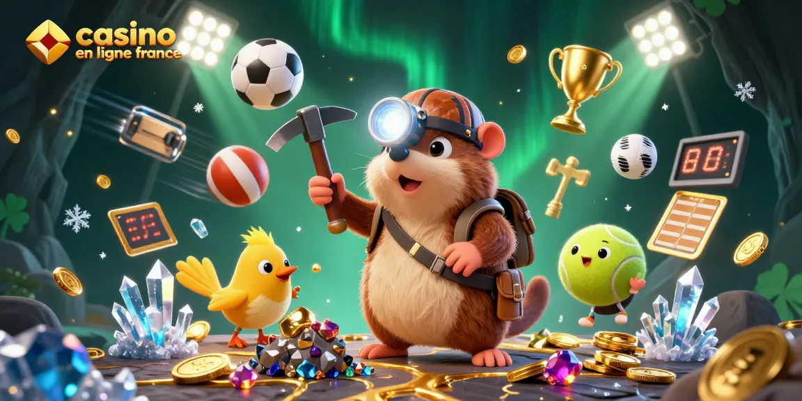 Visualisez une scène dynamique de casino en ligne France qui illustre une chasse au trésor pleine d'éléments sportifs captivants.